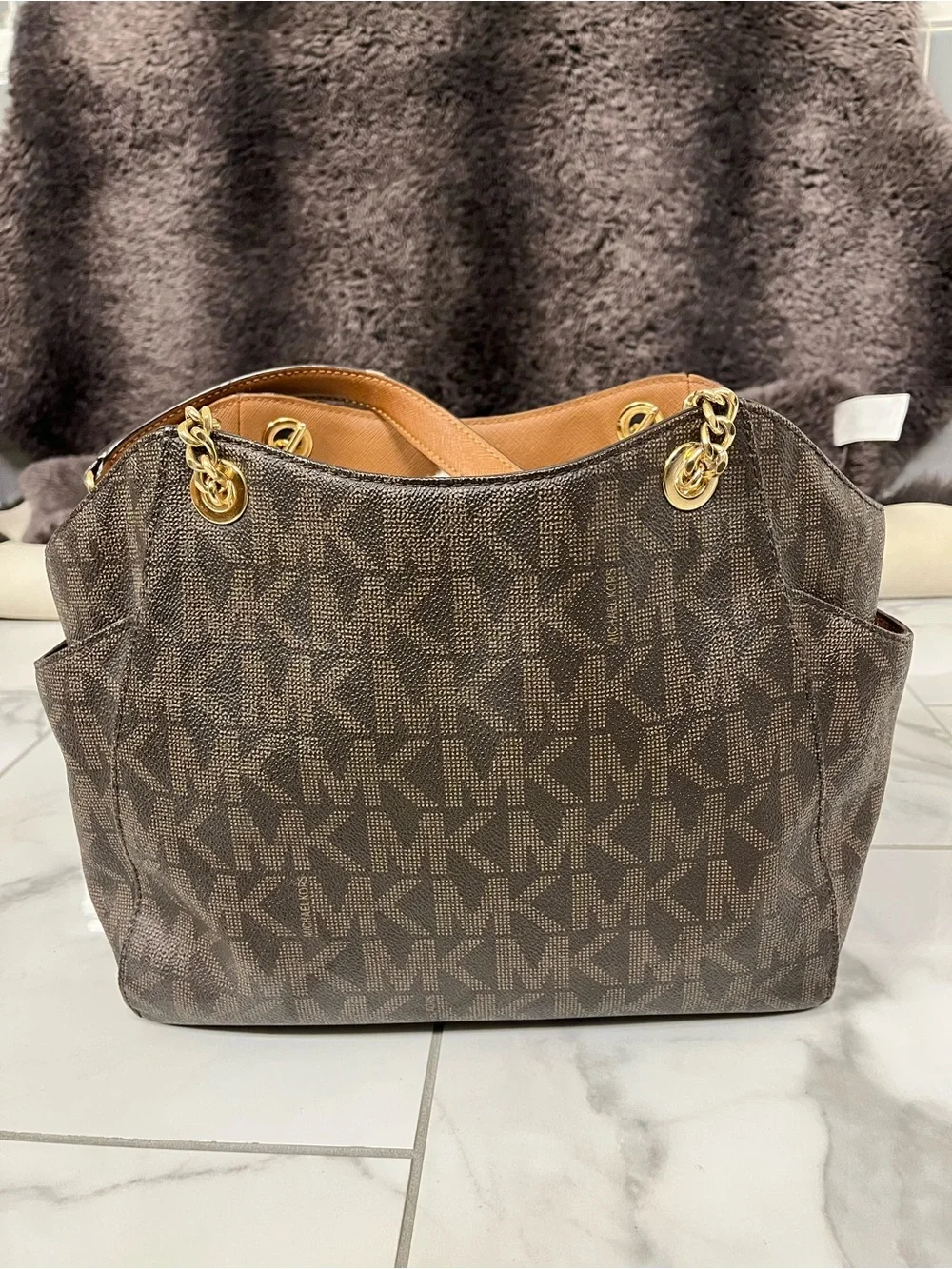 Michael Kors Brown MK Signature Shoulder Bag with Gold Hardware